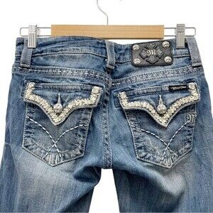 Miss Me Skinny Jeans Low Rise Back Flap Silver Studded Bling Y2K Denim Size 26